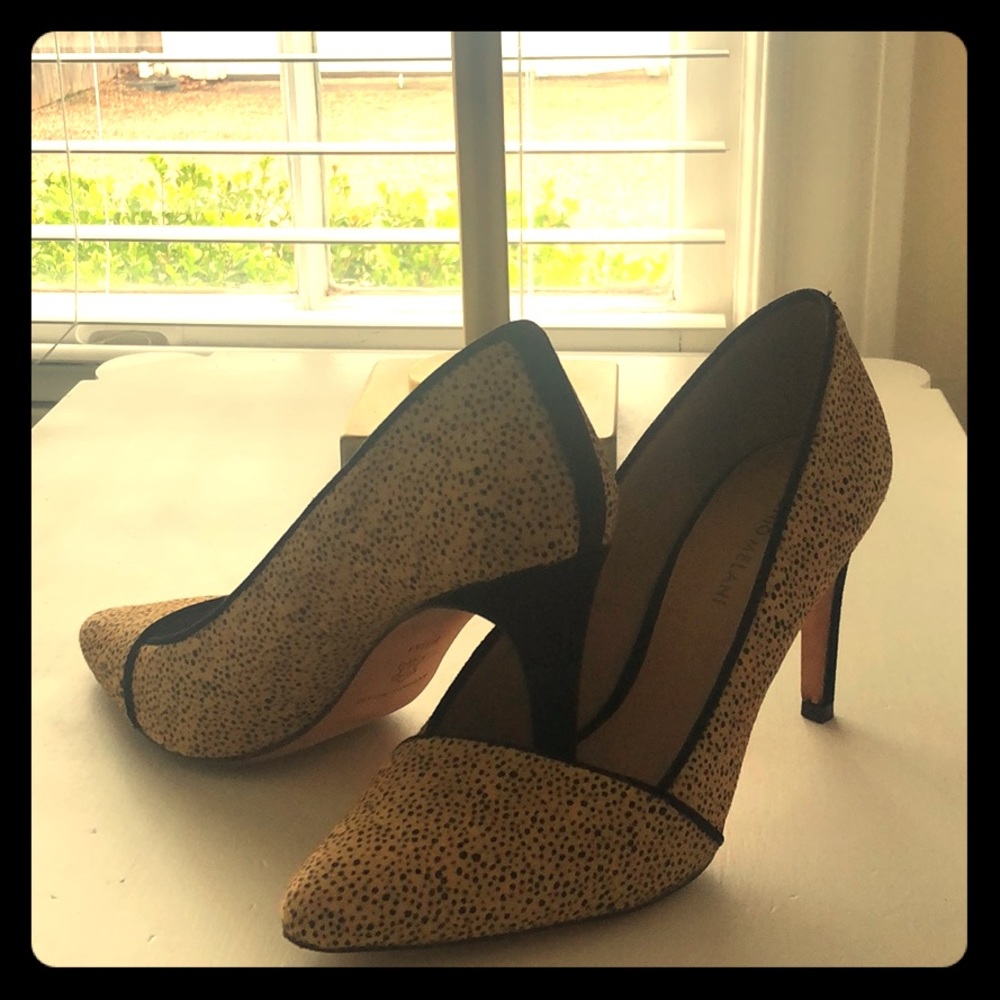 Spotted leopard pumps with a black heel